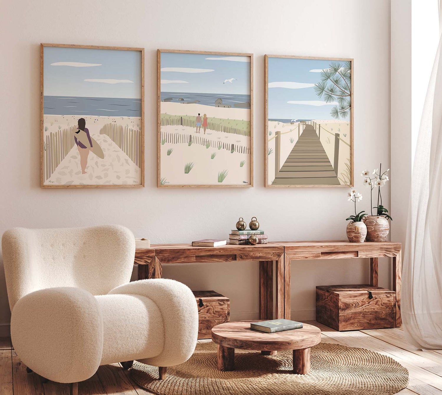 Affiche Mimizan plage encadrée aux côtés des affiches Capbreton et Seignosse – collection Landes
