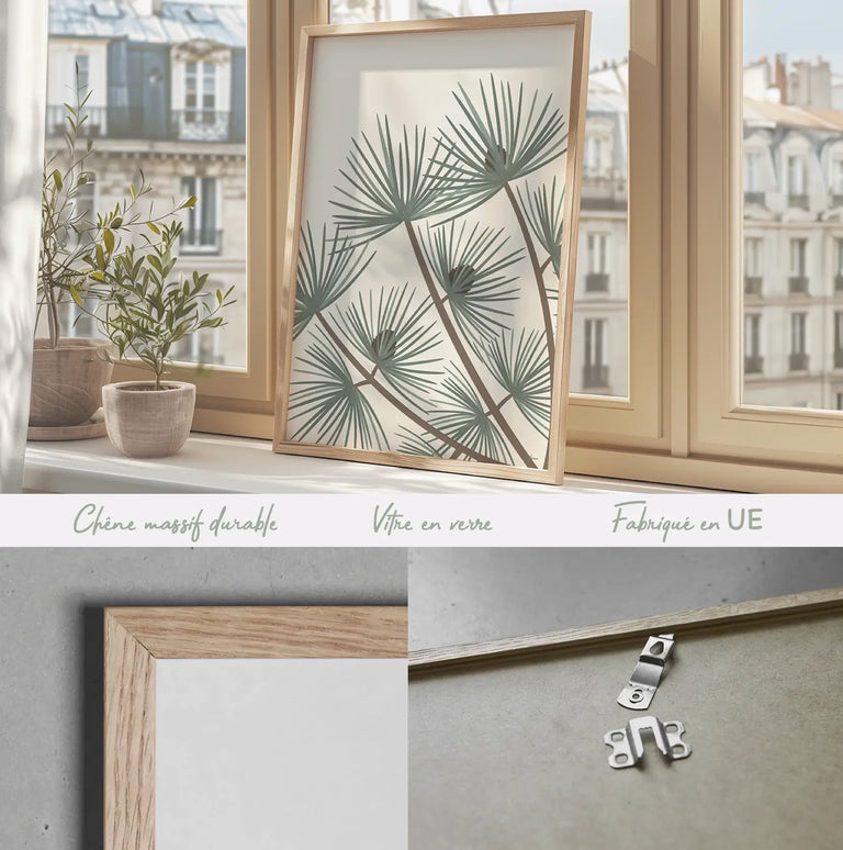 Affiche encadrée d'un pin maritime landais posé sur un rebord de fenêtre