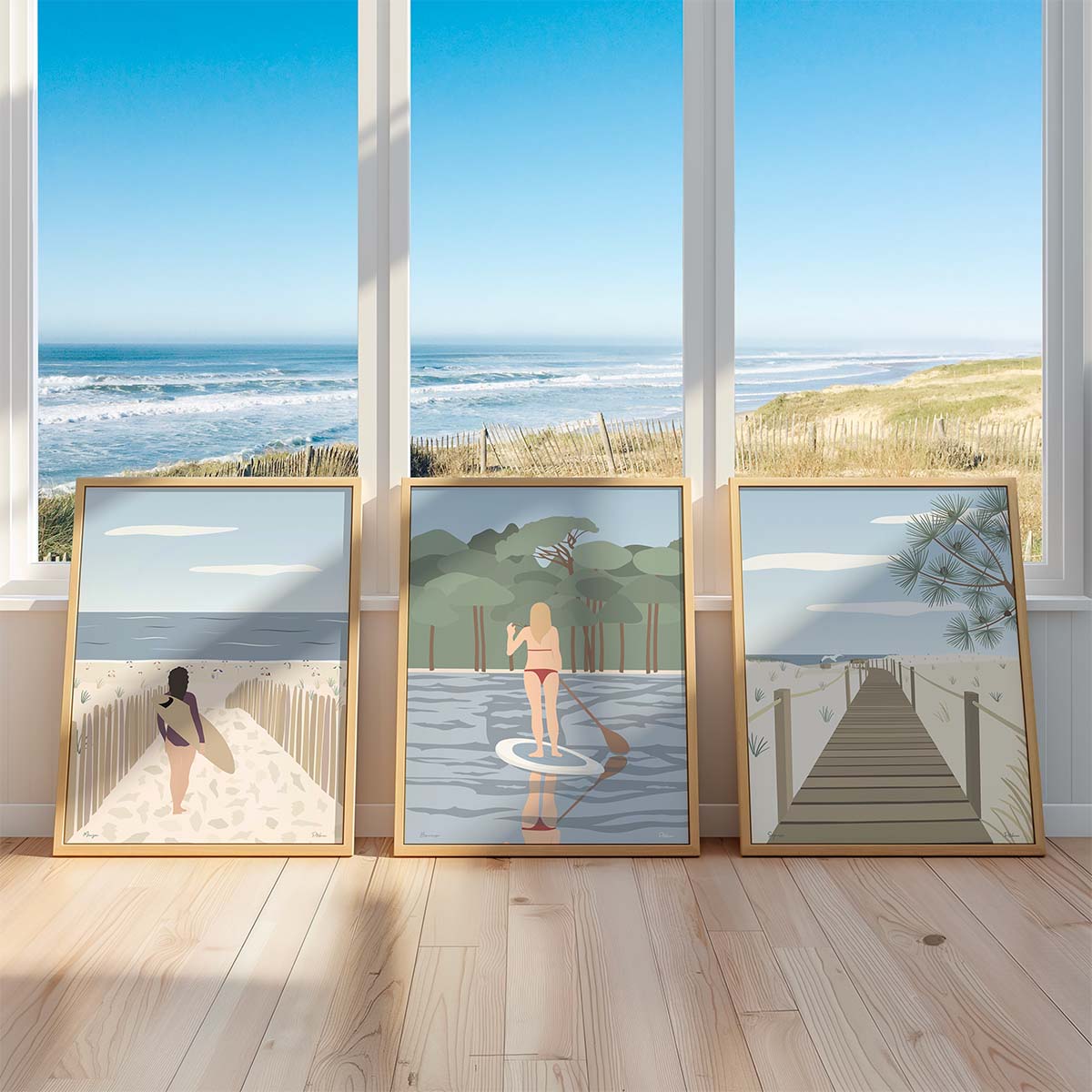 Poster Sud Ouest illustré – Affiche des Landes représentant les plages de Mimizan, Seignosse et le lac de Biscarrosse dans un style graphique coloré