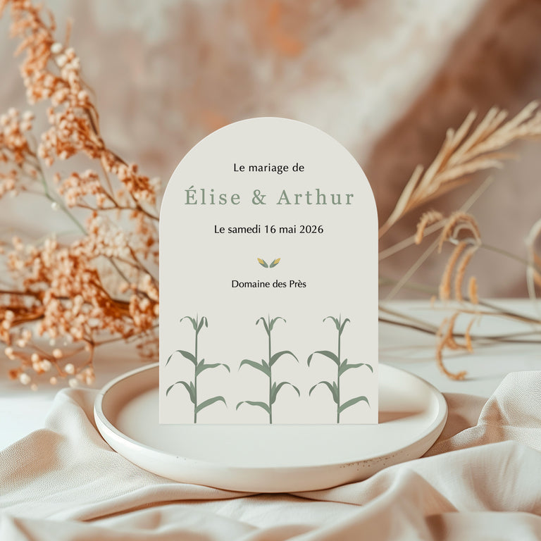 Faire-part de mariage arche champêtre avec maïs