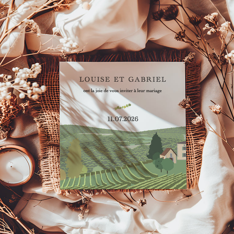 Faire part de mariage carré avec des vignes