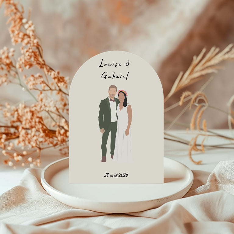 Faire part de mariage en arche avec une illustration d'un couple personnalisée