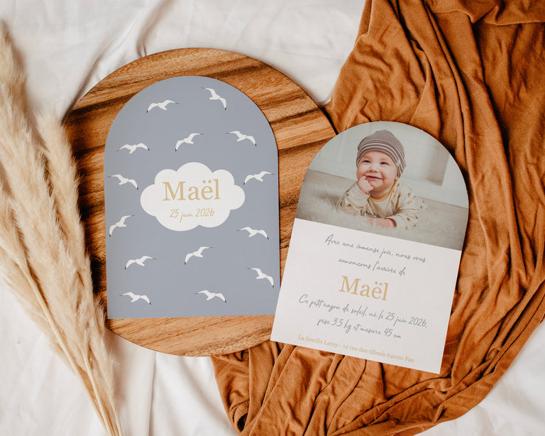Faire part naissance en arche avec mouettes