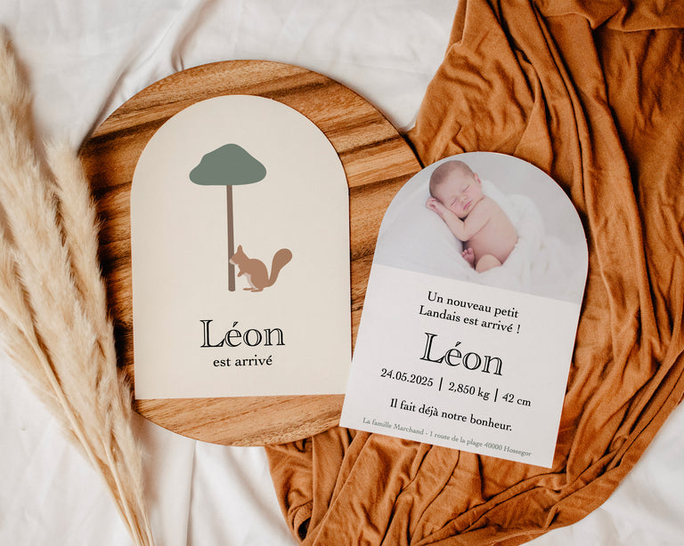 Faire part naissance avec écureuil en arche