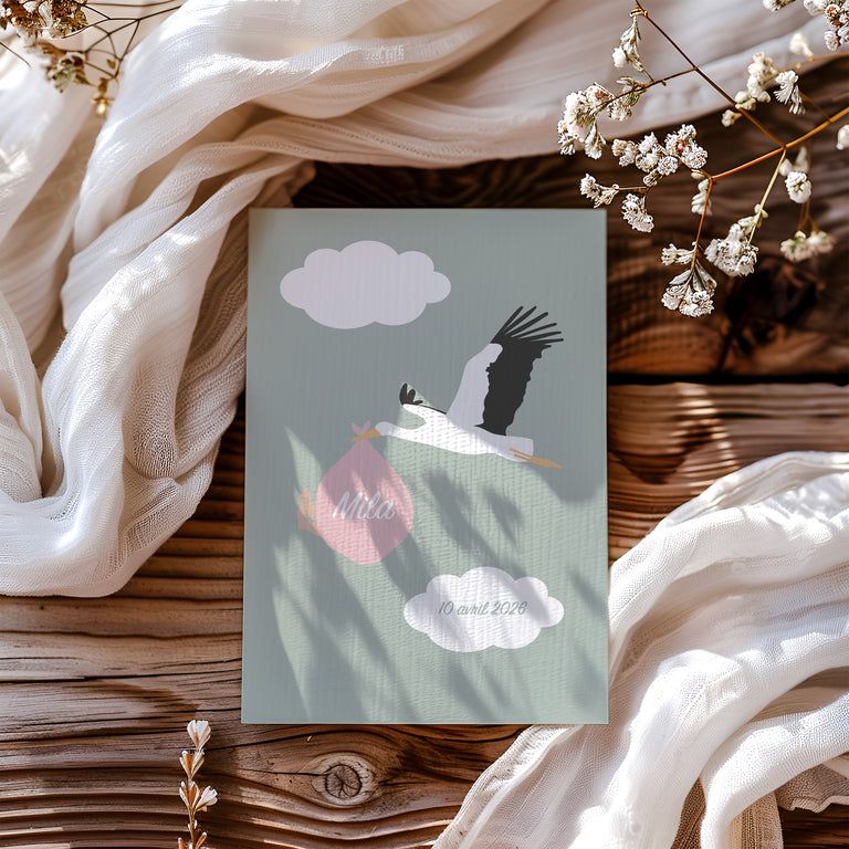 Faire part naissance avec cigogne