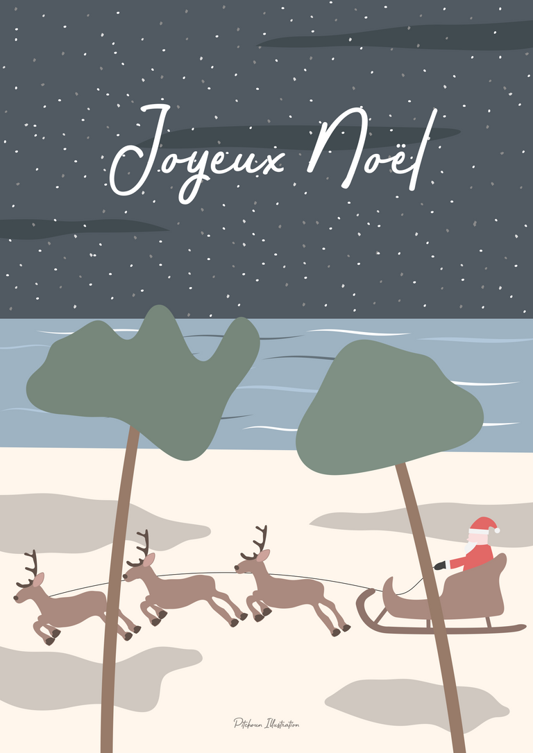 Carte de Noël sur le thème de la côte landaise avec un océan et 2 pins