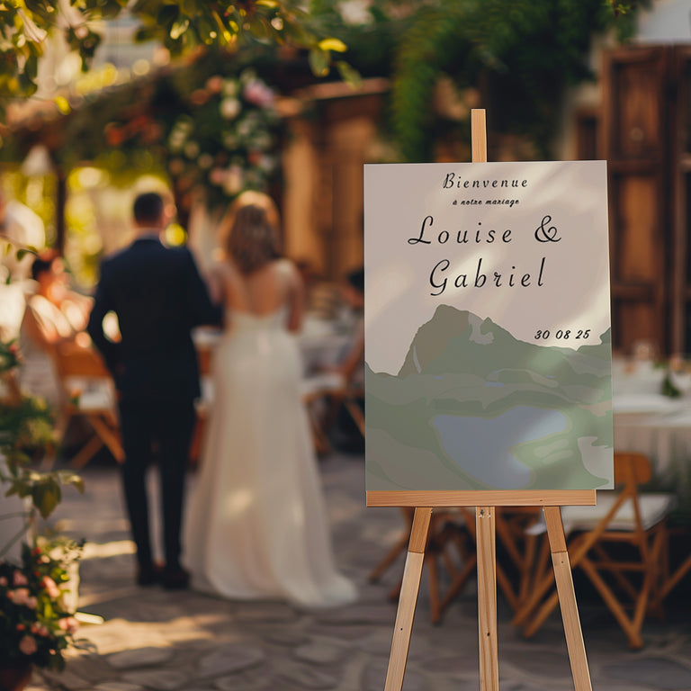 Panneau de mariage avec montagnes