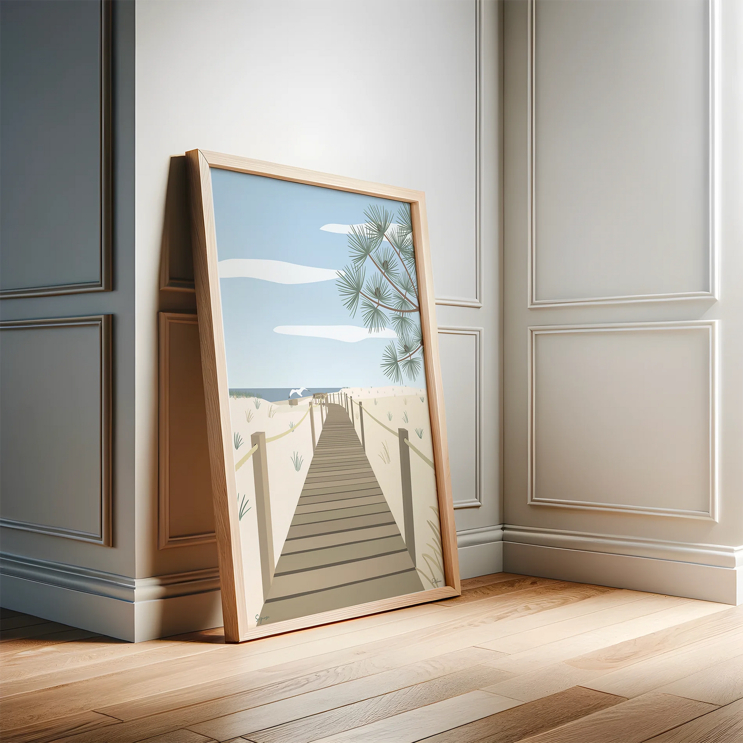 Découvrir les Landes avec cette affiche de Seignosse représentant la passerelle du Penon vers la plage et l'océan Atlantique