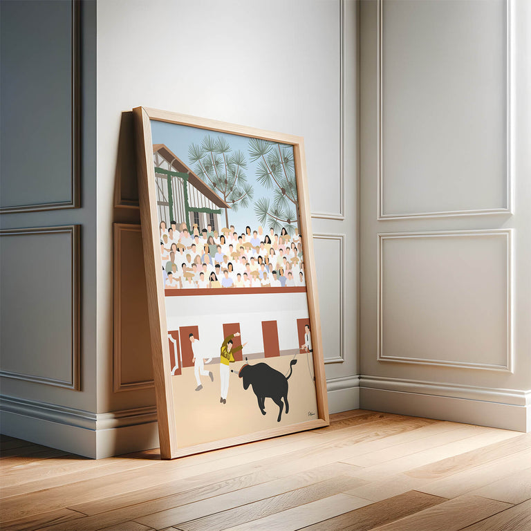 Affiche course landaise illustrée – décoration murale inspirée des traditions du Sud-Ouest