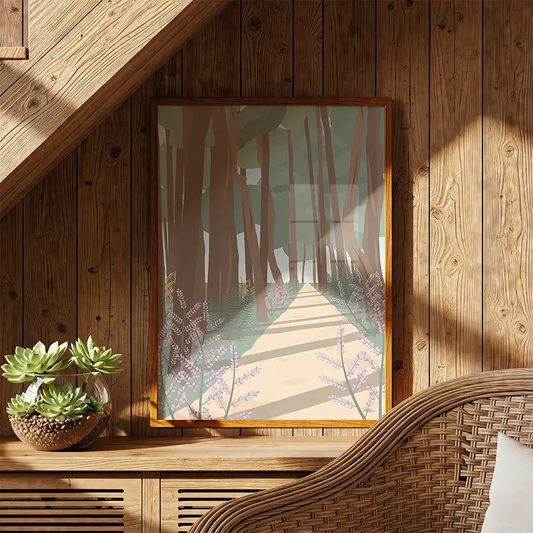 Affiche illustrée encadrée offerte comme cadeau de départ à un collègue, posée contre un mur en bois