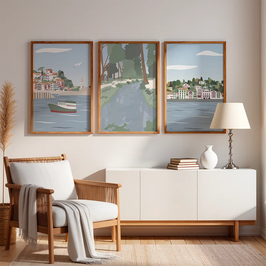 3 affiches déco murale bord de mer - une représentant Saint-Jean de Luz, une autre Soustons et une autre Ciboure