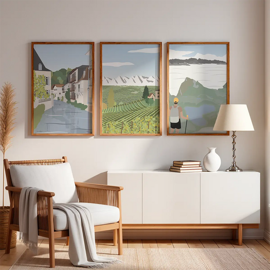 Une déco murale 100% Béarn avec ces affiches illustrées des Pyrénées béarnaises dans un salon chaleureux