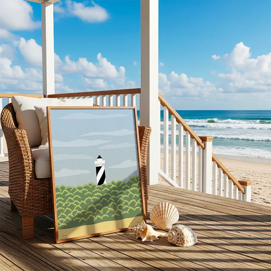 Décoration murale Contis – affiche illustrée du phare des Landes sur une terrasse naturelle