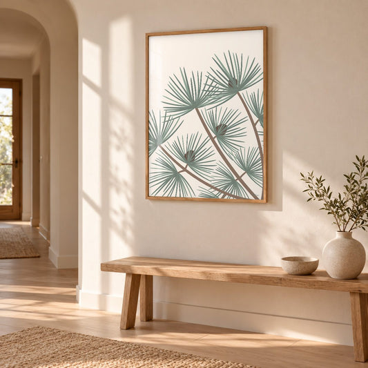 Une grande affiche de pin landais encadrée dans un couloir de maison moderne