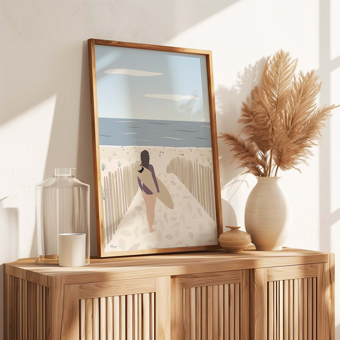 Décoration murale Mimizan – affiche illustrée de la plage landaise dans un intérieur chaleureux
