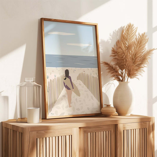 Décoration murale Mimizan – affiche illustrée de la plage landaise dans un intérieur chaleureux