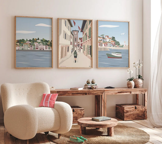 Une belle idée cadeau Pays Basque avec ces 3 affiches encadrées de Ciboure, Saint-Jean-Pied-de-Port et Saint-Jean-de-Luz