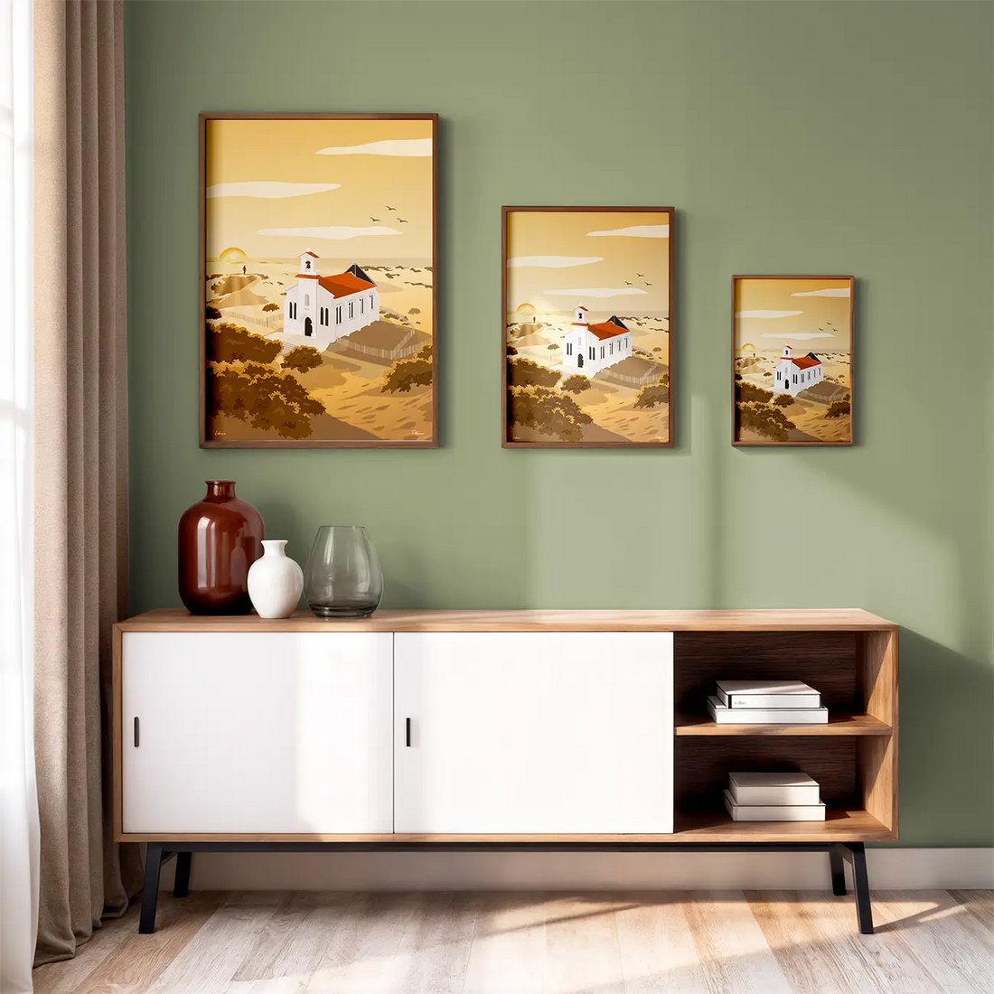 3 formats d'affiches présentés sur un mur