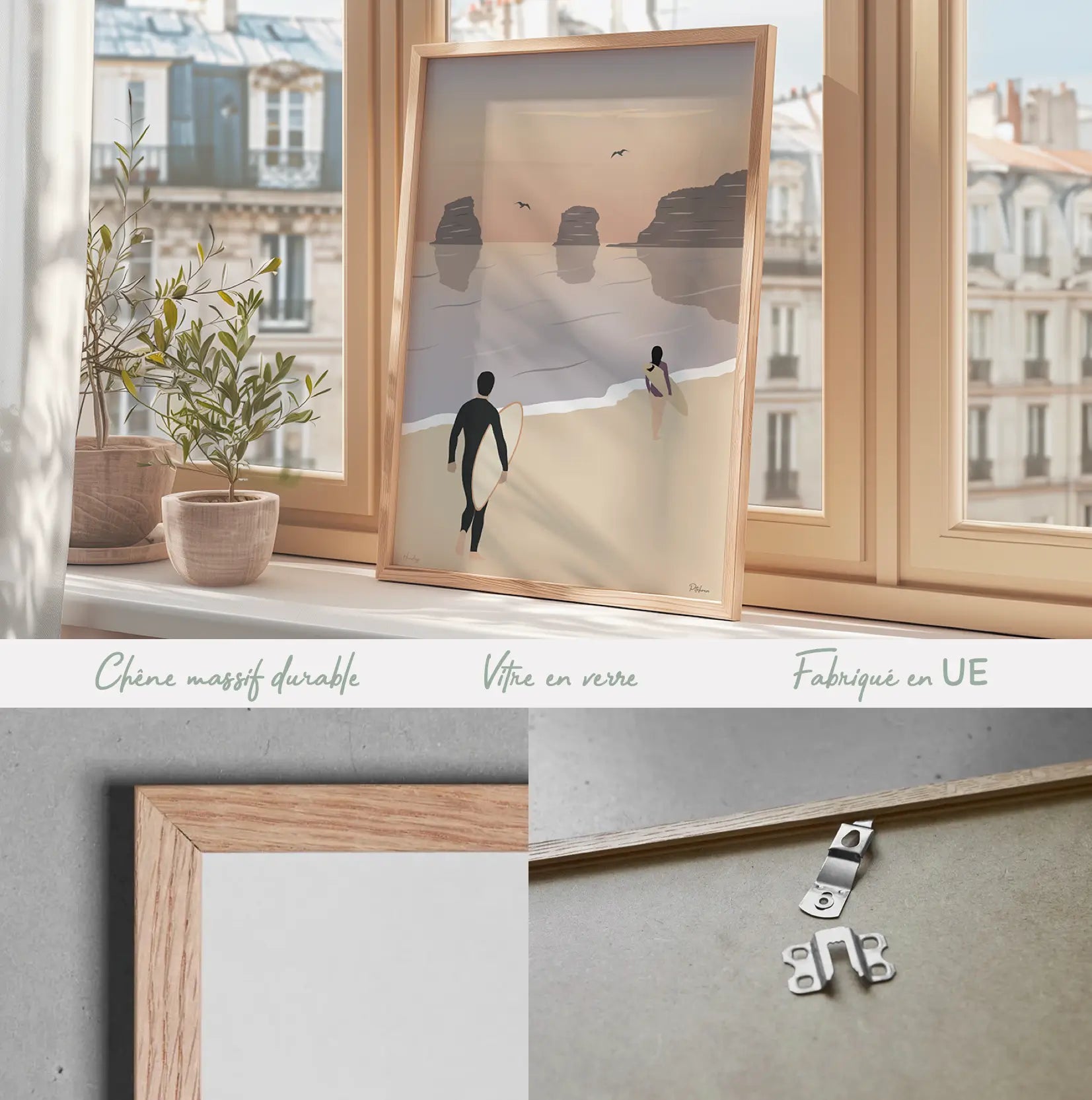 Cadre en chêne massif qui met en valeur l'affiche Hendaye