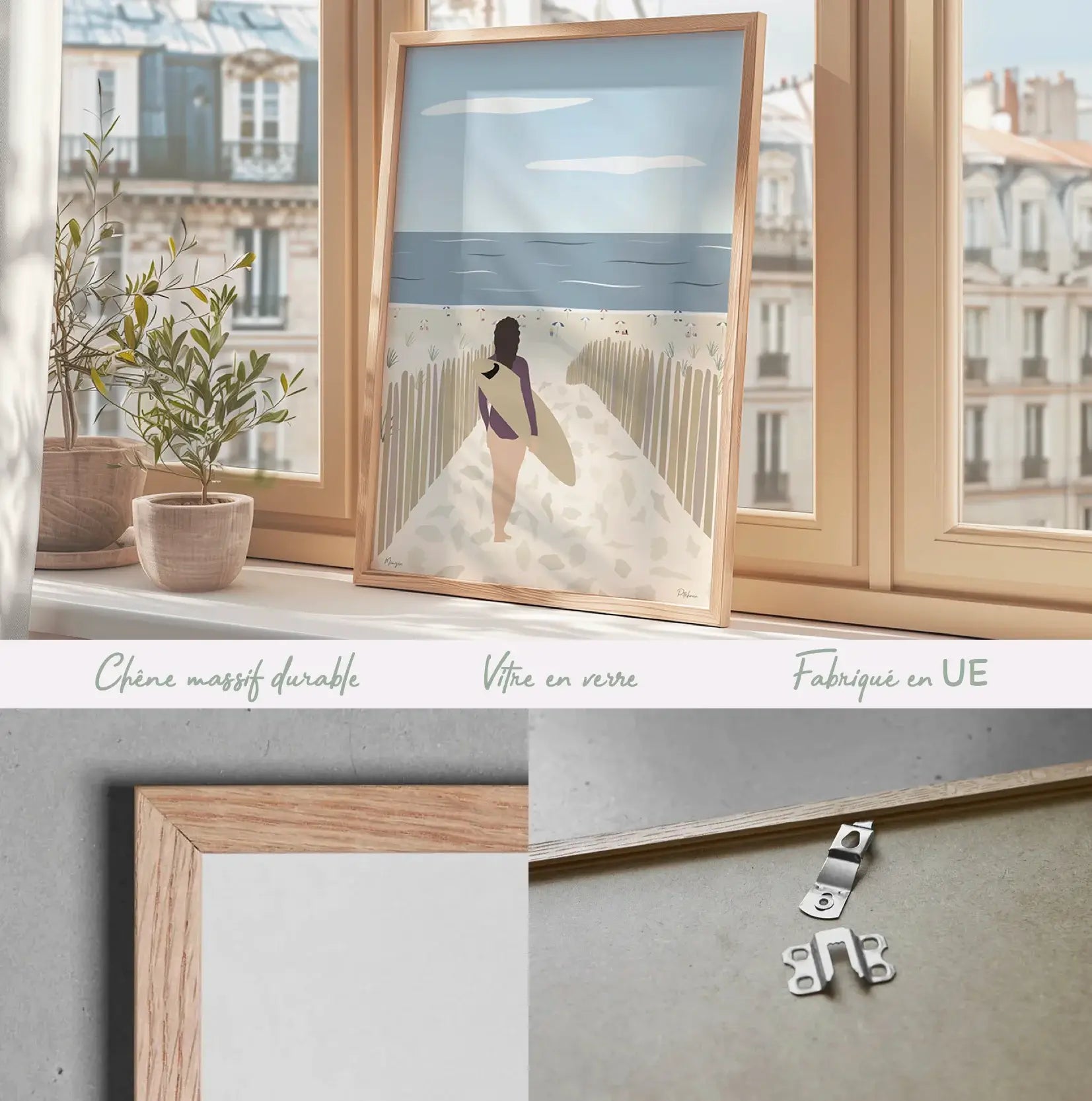 Présentation du cadre en chêne qui met en valeur les couleurs de l'affiche Mimizan