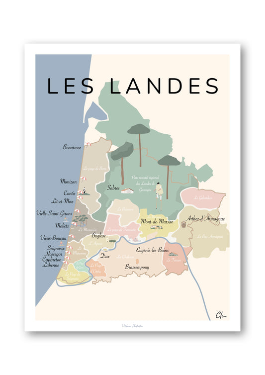 Affiche carte touristique des Landes