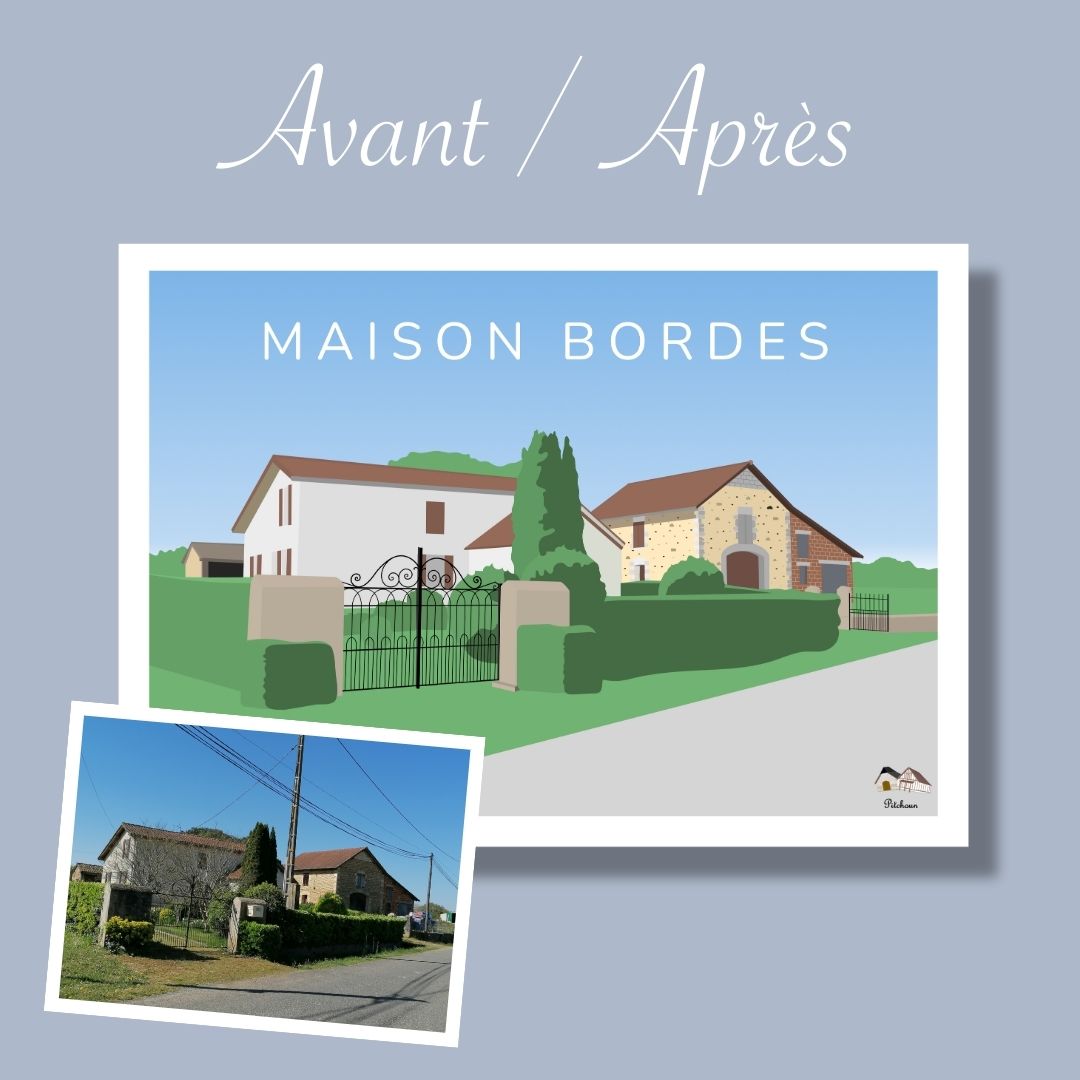 Avant-après d'une maison de famille. De la photo à l'illustration, à l'affiche personnalisée