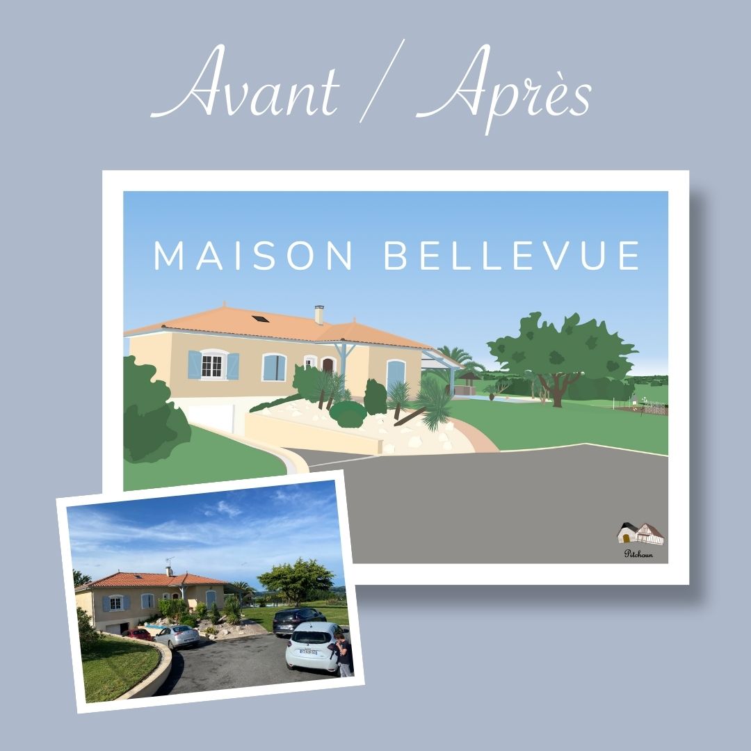 Avant-après d'une maison de famille. De la photo à l'illustration, à l'affiche personnalisée