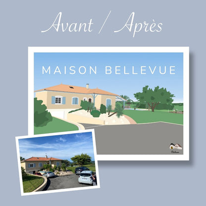 Avant-après d'une maison de famille. De la photo à l'illustration, à l'affiche personnalisée