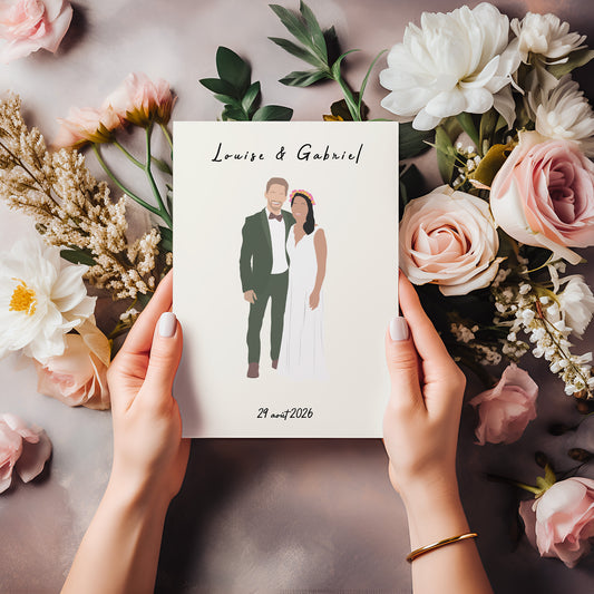 Personalized wedding invitation with illustration of the couple