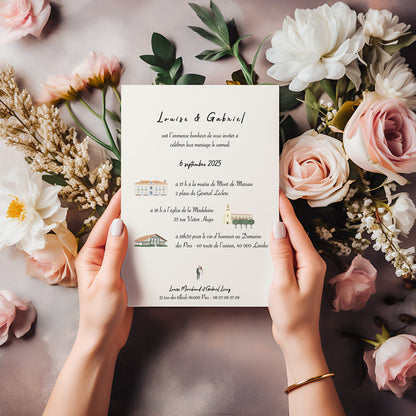 Invitación de boda personalizada con ilustración de la pareja