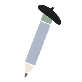 Illustration d'un crayon avec un béret pour symboliser la conception et l'impression locale de chaque poster bord de mer