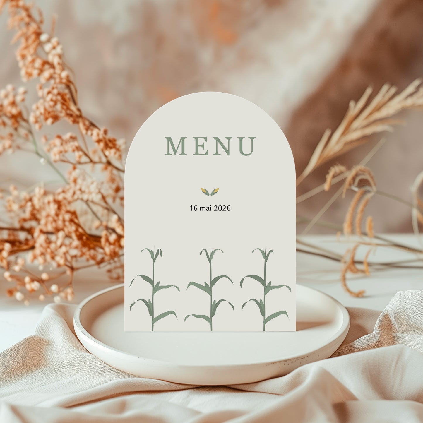 Menu de mariage arche illustré avec des épis de maïs