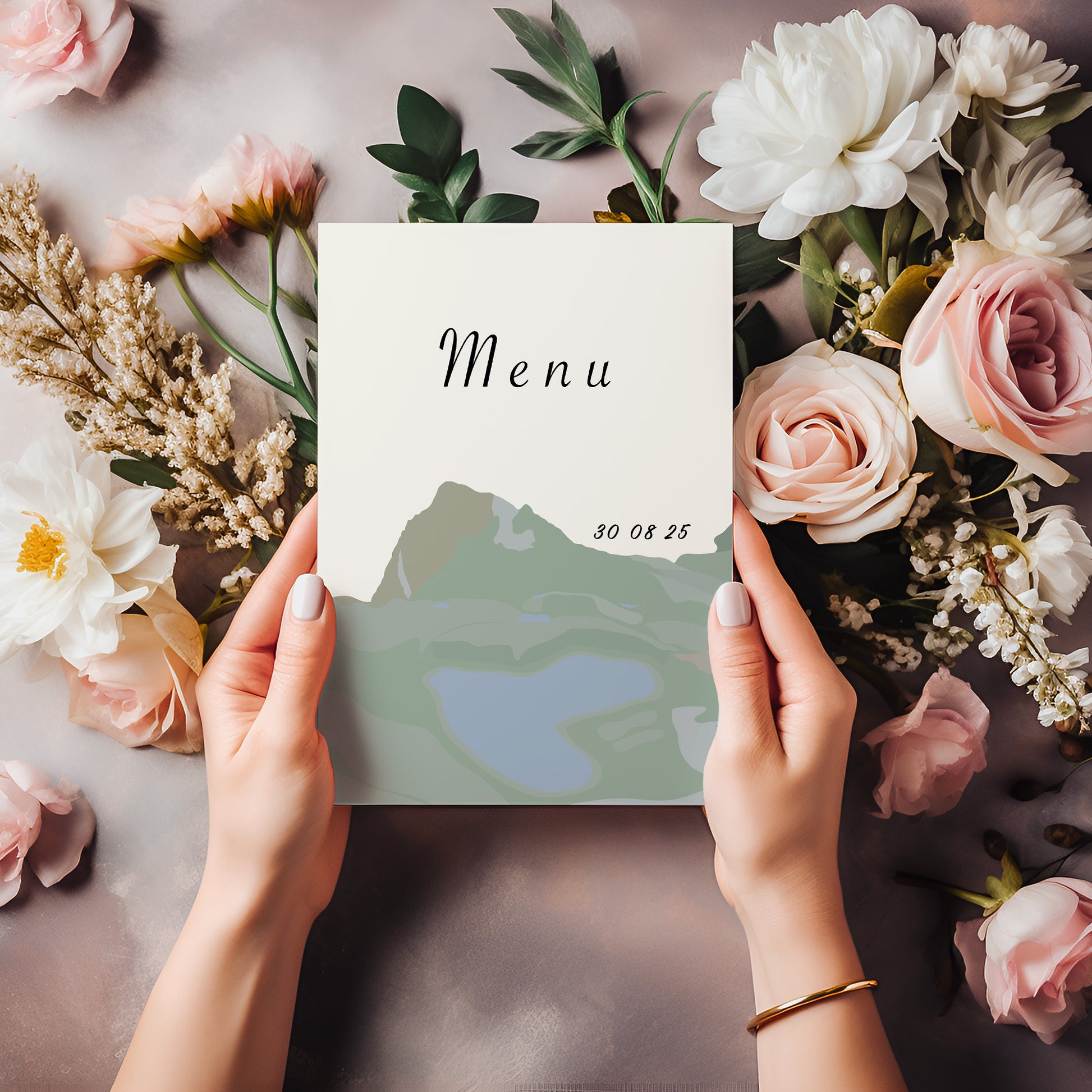 Menu mariage portrait illustré avec lac du Montagnon