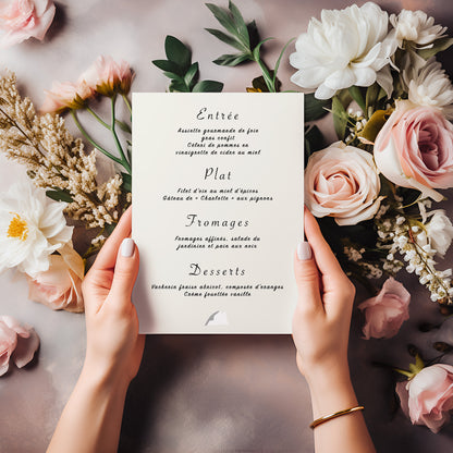 Verso du menu de mariage portrait avec le détail du menu