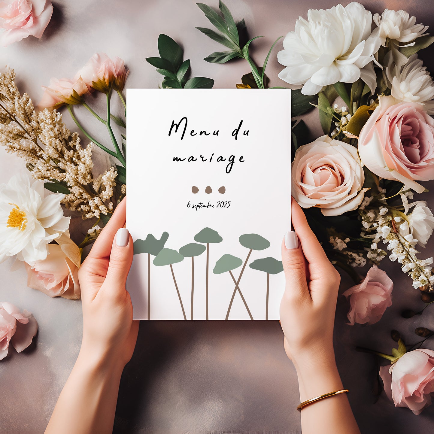 Menu de mariage illustré avec une forêt de pins au format portrait