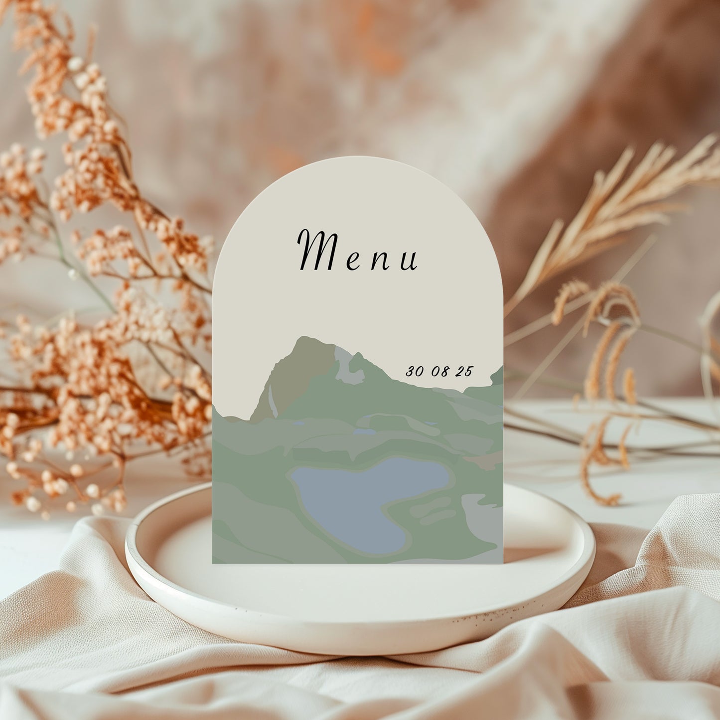 Menu mariage arche illustré avec lac du Montagnon