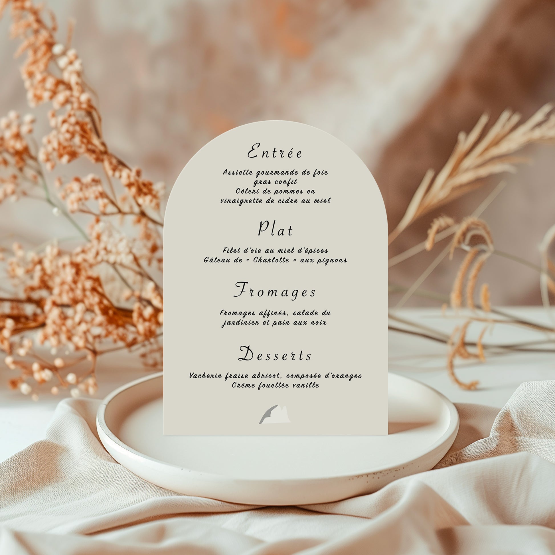 Verso du menu de mariage arche avec le détail du menu