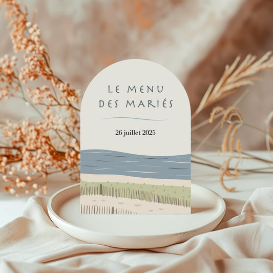 Menu de mariage arche illustré avec une plage landaise et l'océan