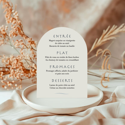 Verso du menu de mariage en arche Océania avec le détail du menu