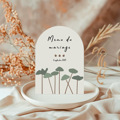 Menu de mariage illustrée avec une forêt de pins