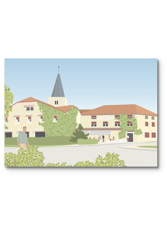 Affiche Amou illustrée : la place du village, l'hôtel Chez Darracq et le clocher