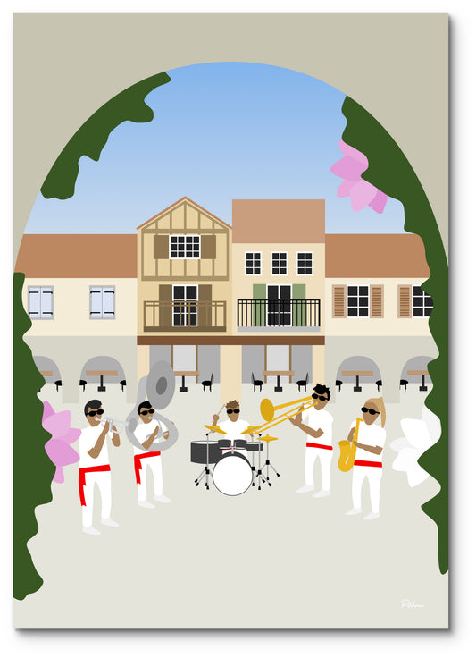 Affiche bandas illustrée : une banda en blanc et rouge sous les arcades de Labastide-d'Armagnac