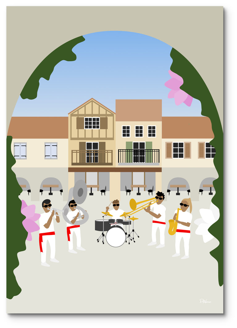 Affiche bandas illustrée : une banda en blanc et rouge sous les arcades de Labastide-d'Armagnac