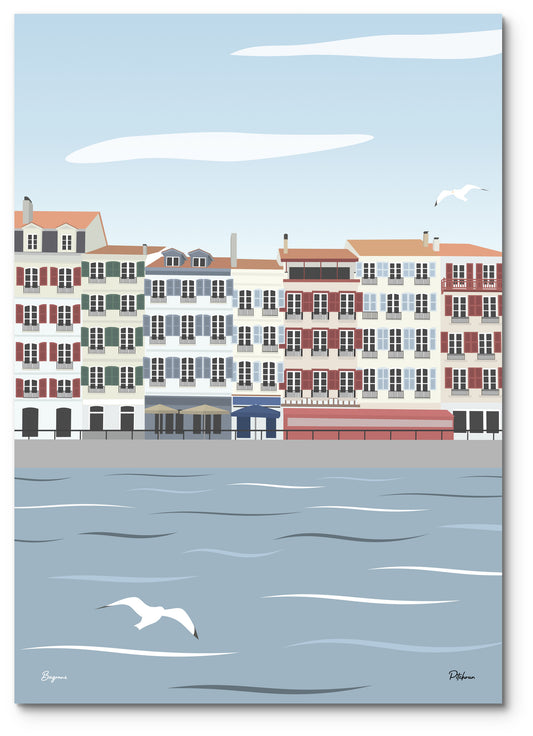 Affiche Bayonne illustrée : les façades colorées des quais de la Nive