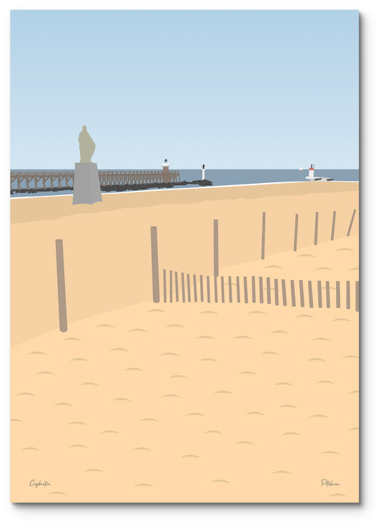 Affiche Capbreton illustrée : la statue Notre-Dame et l'estacade, au-dessus de la plage et de ses ganivelles