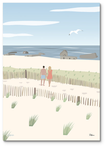 Affiche Capbreton illustrée : un couple sur la dune de la plage Santocha, face aux blockhaus