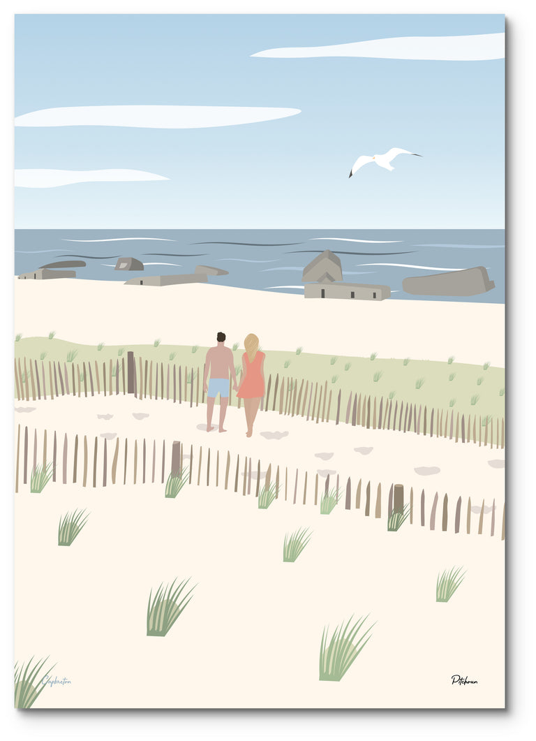 Affiche Capbreton illustrée : un couple sur la dune de la plage Santocha, face aux blockhaus