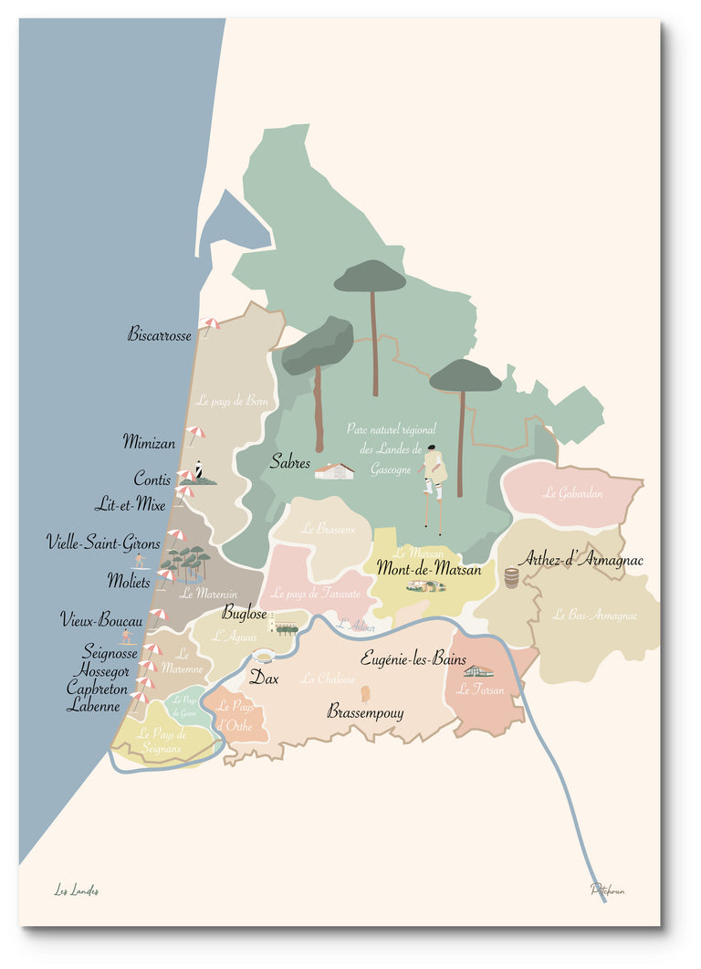 Affiche carte des Landes illustrée : les terroirs et les villes landaises, de Biscarrosse à la Chalosse