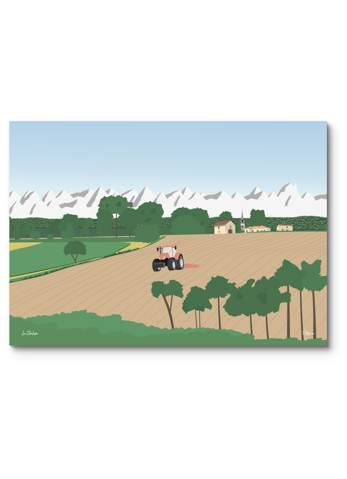 Affiche Chalosse illustrée : un tracteur dans un champ labouré, des fermes et les Pyrénées enneigées au loin