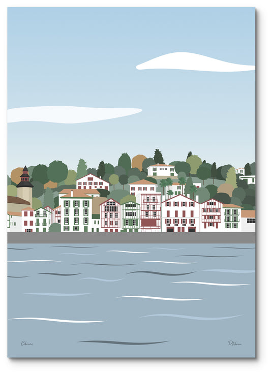 Affiche Ciboure illustrée : les maisons basques du quai Ravel, au bord de l'eau